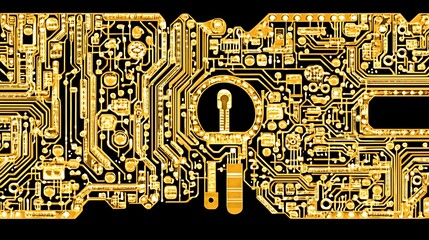 Gold circuit board design with a keyhole shape.