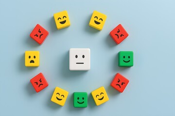 Neutral white face cube surrounded by colorful cubes with diverse facial expressions on blue background symbolizing emotional diversity and mental states