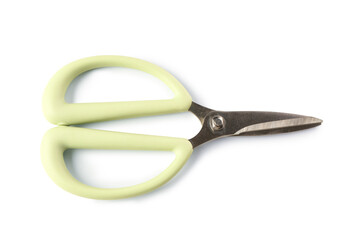 Floral scissors with green handle on white background