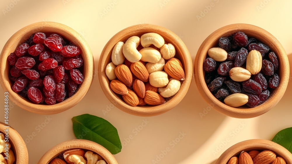 Poster row of bowls filled with different types of nuts. the bowls are arranged in a line, with the first b