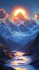 Sunrise over a Snow-Capped Mountain Range with a Reflective River