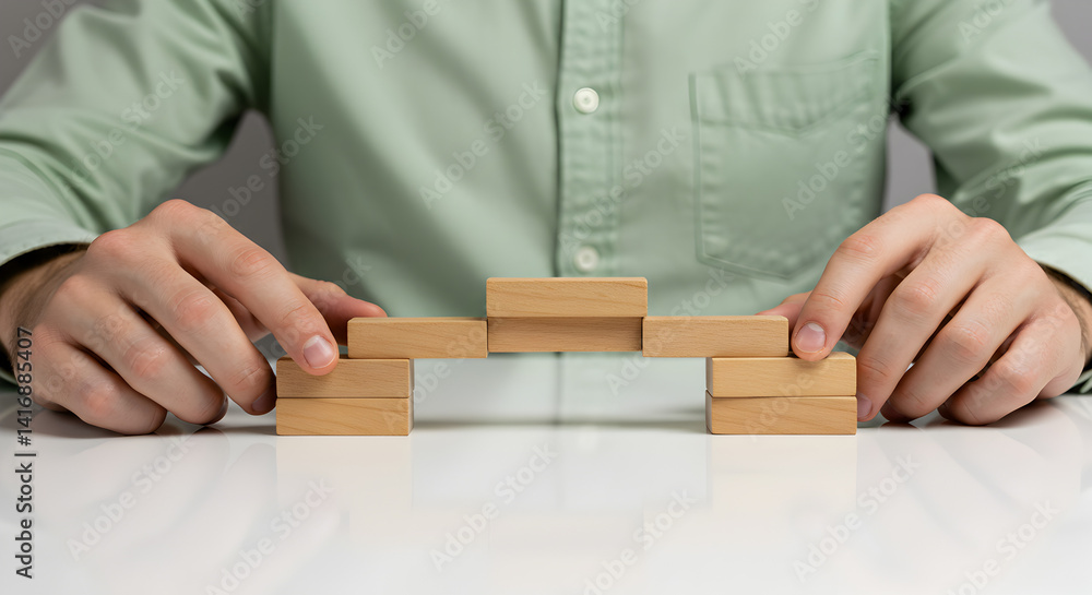 Poster constructing bridge with wooden blocks by two hands on white table in green shirt for teamwork and s