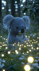 Grey koala figurine amidst twinkling lights in a forest setting.