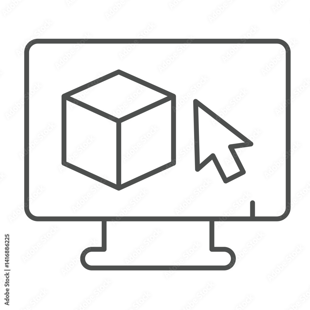 Fototapete Monitor with 3D program and cursor pointer thin line icon, architect studio concept. Vector graphics. Display with 3D program sign on white background, linear style icon for mobile or web design.