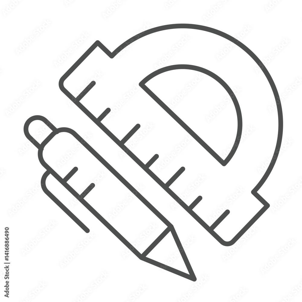 Poster protractor ruler and pen thin line icon, architect studio concept. vector graphics. ruler tool with 