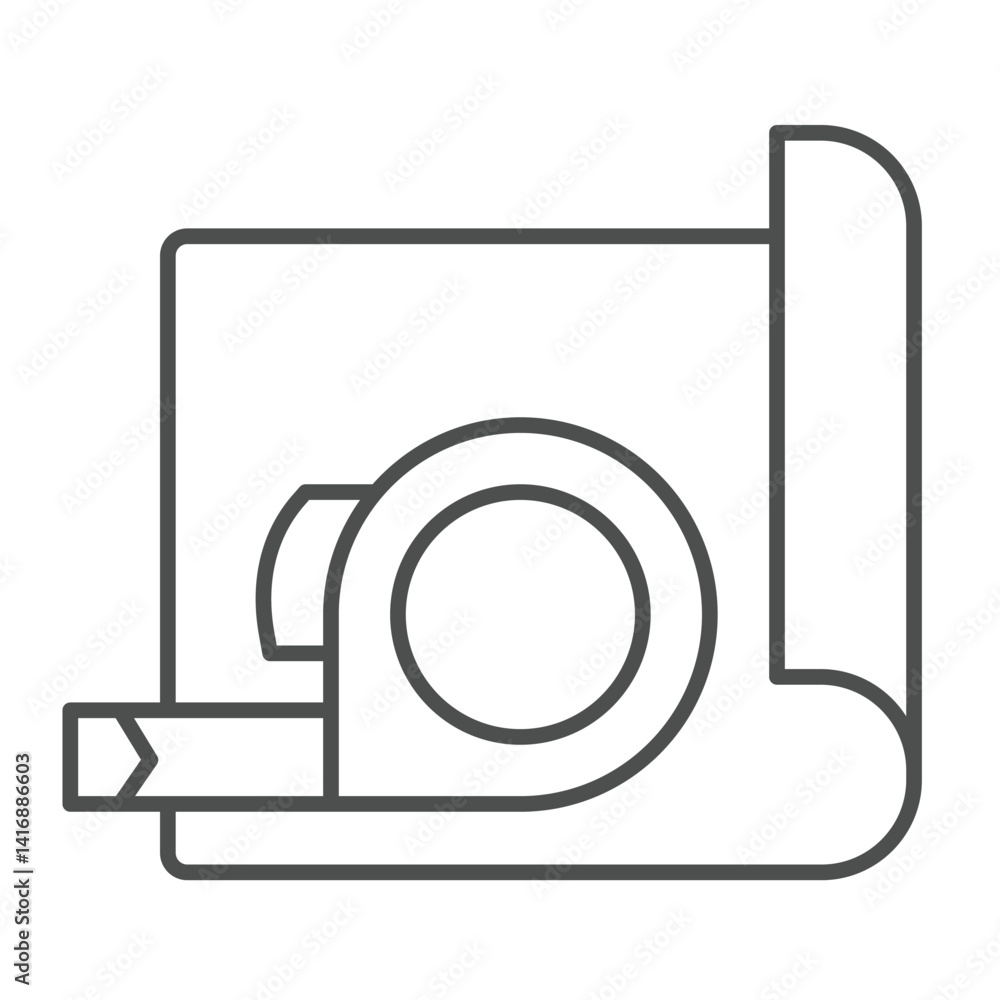 Poster project paper and measuring tape thin line icon, architect studio concept. vector graphics. ruler re