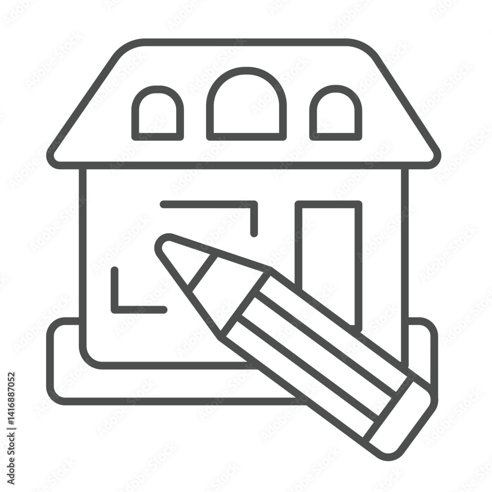 Poster house design and pencil thin line icon, architect studio concept. vector graphics. cottage building 
