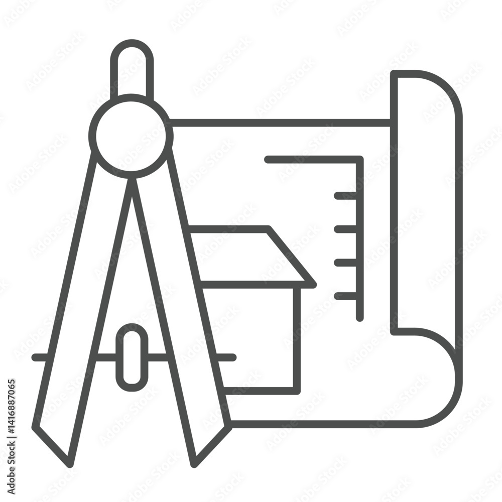 Aufkleber drawing compass and house project thin line icon, architect studio concept. vector graphics. compass