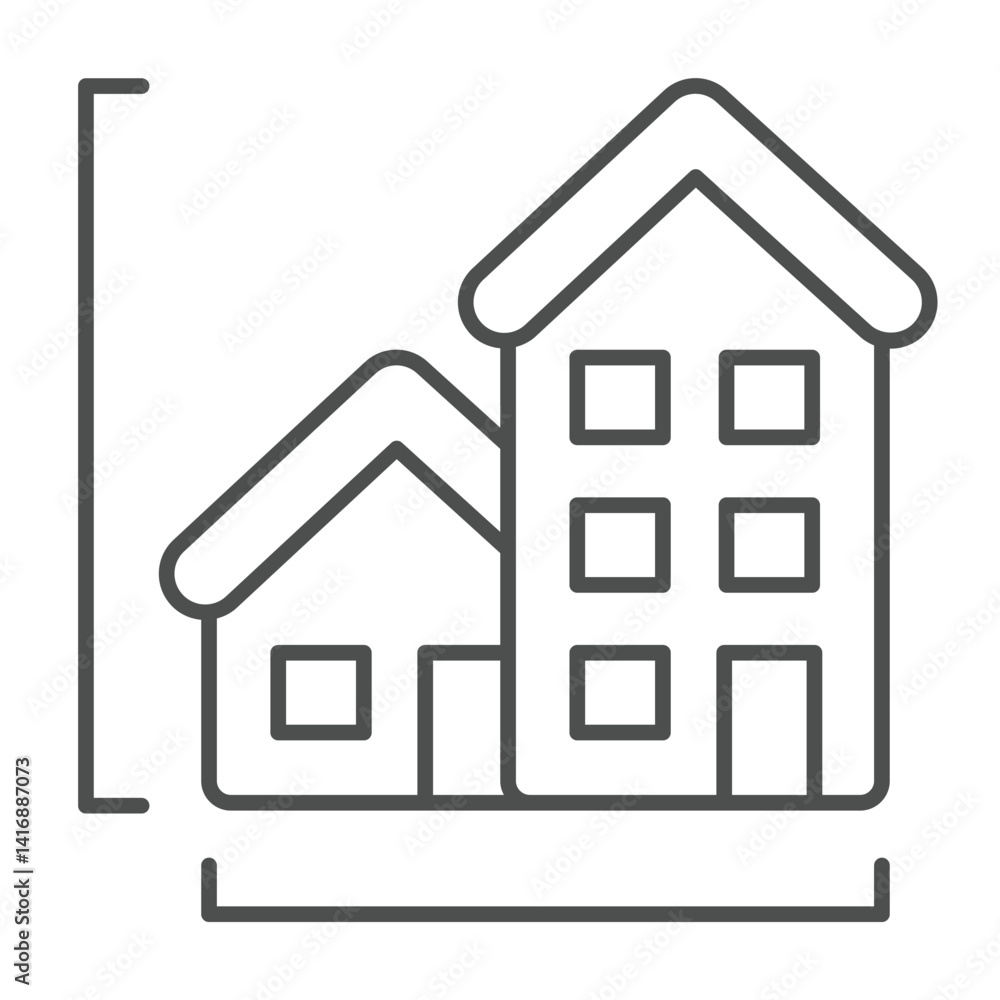 Poster tall building and private house thin line icon, architect studio concept. vector graphics. high rise