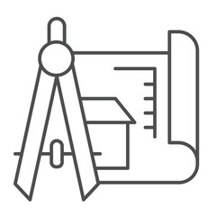 Drawing compass and house project thin line icon, architect studio concept. Vector graphics. Compass with building plan sign on white background, linear style icon for mobile or web design.