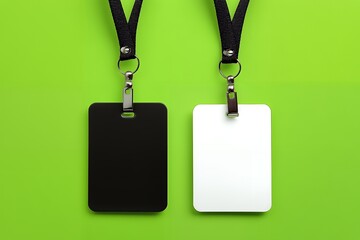 Two blank identification cards with black and white color options hanging on a lime green background, concept for branding, corporate identity, and conference badges