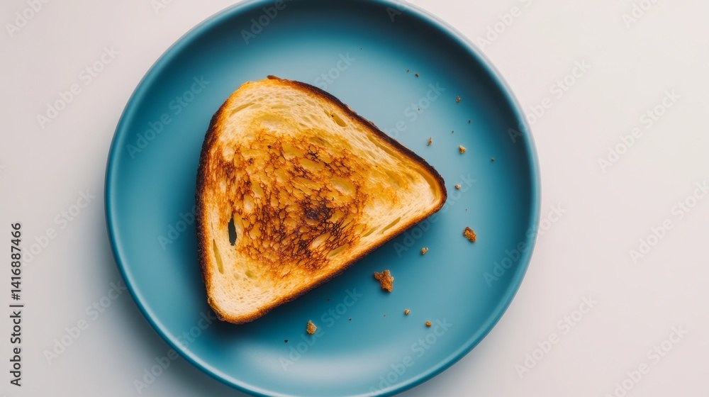 Poster slice of toast is on a blue plate. the toast is burnt and has a crispy texture