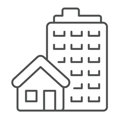 Skyscraper tower and cottage building thin line icon, real estate concept. Vector graphics. City skyscraper, private house sign on white background, linear style icon for mobile or web design.