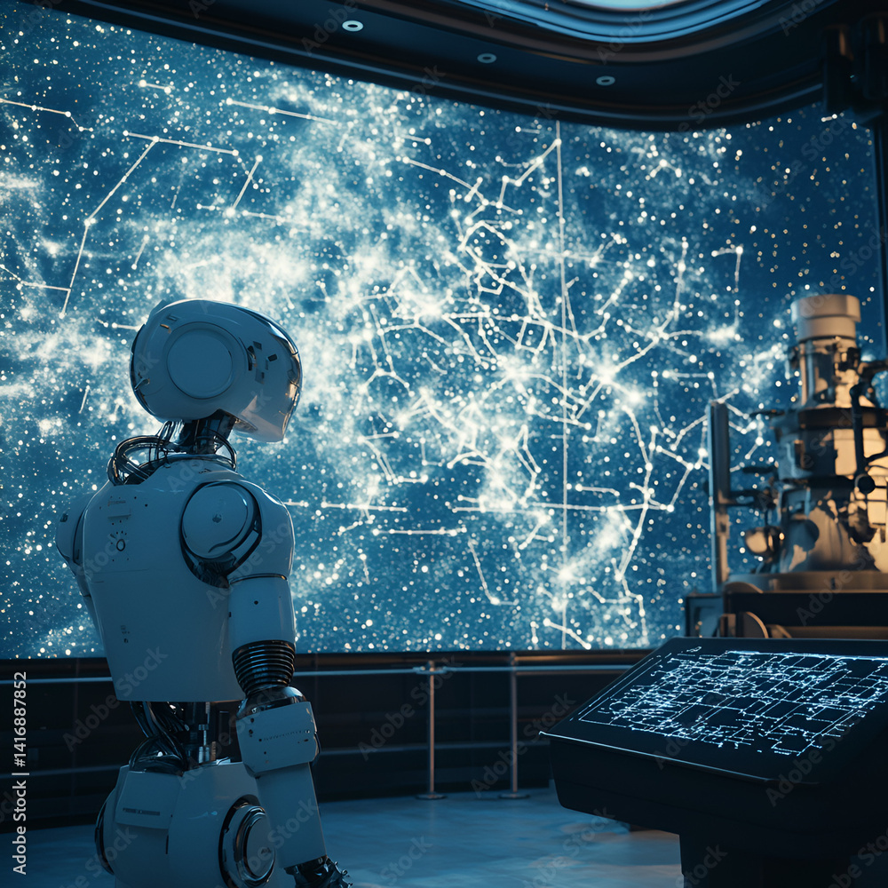 Poster exploring futuristic technologies robot interaction with cosmic data in a high-tech observatory