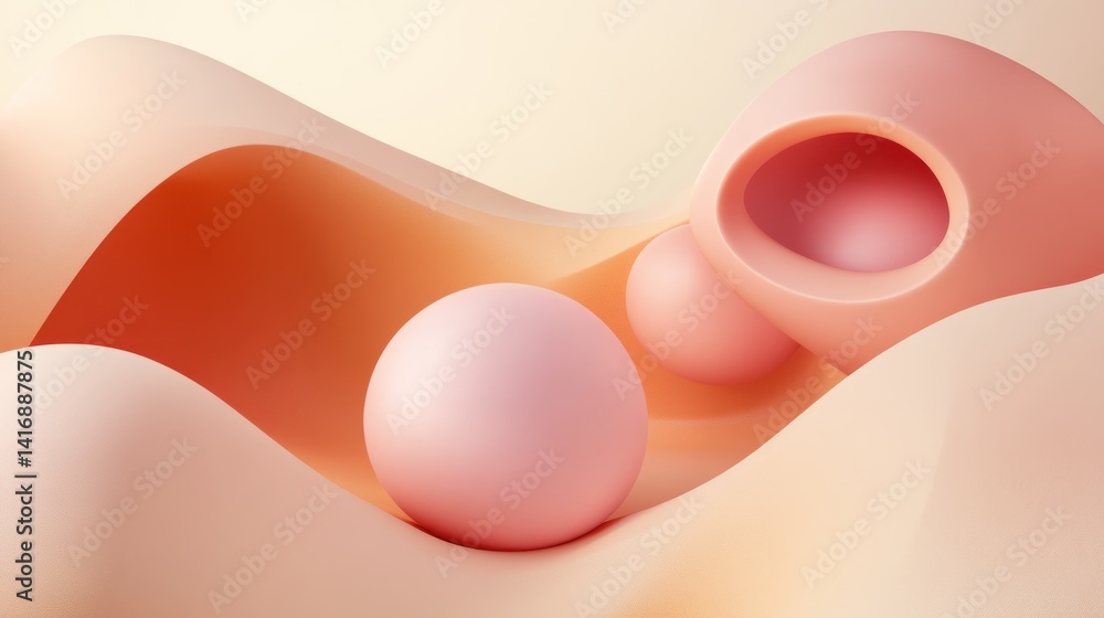Poster abstract composition of soft, flowing forms and spheres.