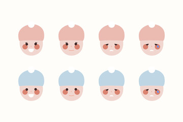 Newborn baby boy and girl with different emotion set. Happy and sad child head. Healthcare, facial expressions, care, childhood concepts. Flat people character vector design isolated illustrations.
