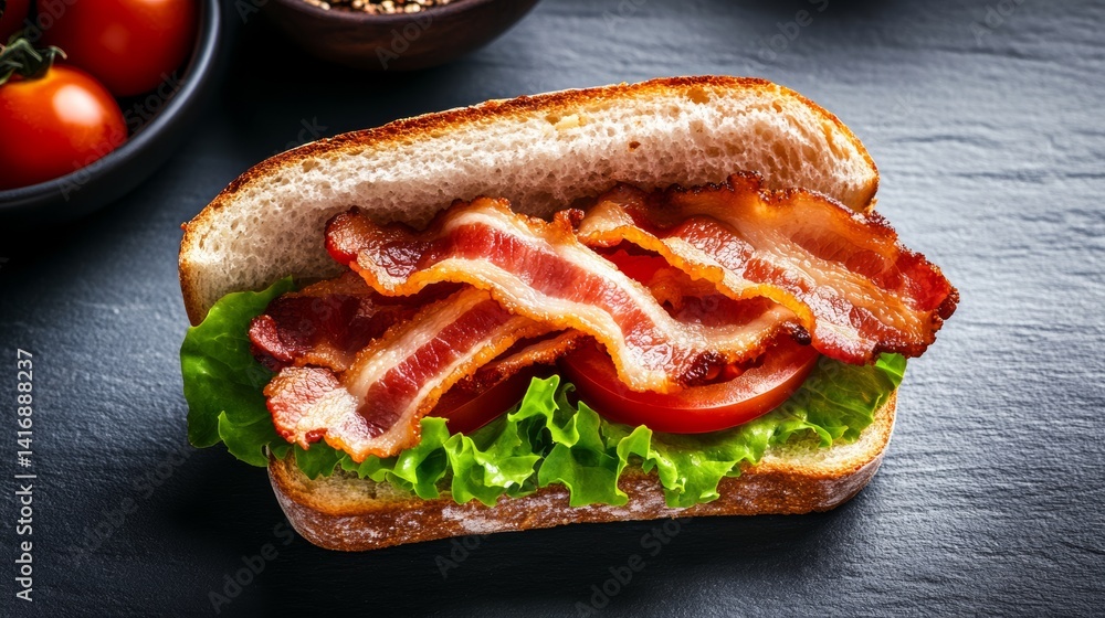 Poster sandwich with bacon and lettuce on a table. the sandwich is cut in half and placed on a counter