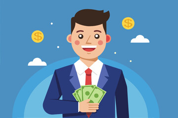 Businessman holding money in hands. Vector illustration in flat style.