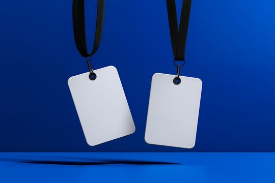 Two blank white name tags hanging on black lanyards against a vibrant blue background, concept for branding, identity, and conference event