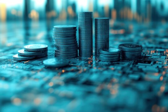 Stacks of coins arranged on a circuit board background symbolize wealth, investment, and technology