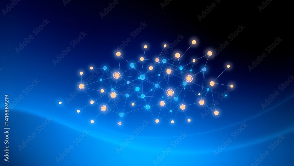 Poster glowing particles on a blue gradient background with wave-like shapes.