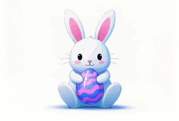 illustration features a cheerful Easter bunny holding a colorful decorated egg