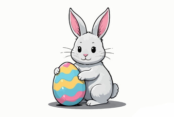 illustration features a cheerful Easter bunny holding a colorful decorated egg