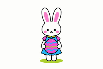 illustration features a cheerful Easter bunny holding a colorful decorated egg