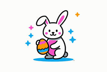 illustration features a cheerful Easter bunny holding a colorful decorated egg