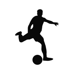 A black vector silhouette depicts a running football player, a sport athlete with a ball in action
