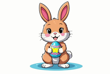 This adorable illustration features a cheerful Easter bunny holding a colorful decorated egg