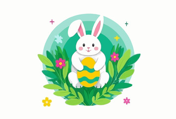 This adorable illustration features a cheerful Easter bunny holding a colorful decorated egg