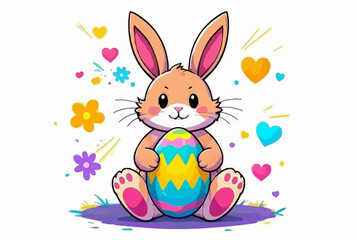This adorable illustration features a cheerful Easter bunny holding a colorful decorated egg