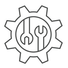 Two wrenches in cogwheel gear thin line icon, repair service concept. Vector graphics. Mechanic tools, custom settings sign on white background, linear style icon for mobile or web design.
