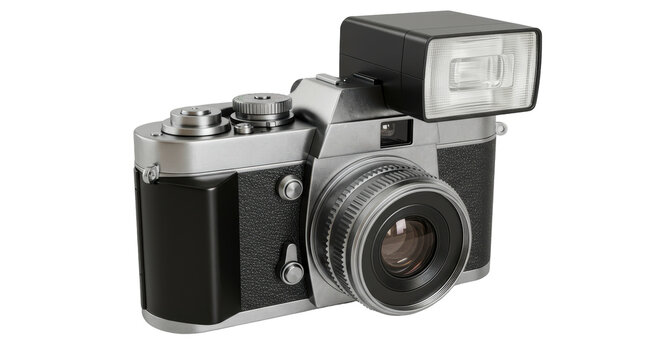 Isolated Vintage Camera with Flashbulb for Photography