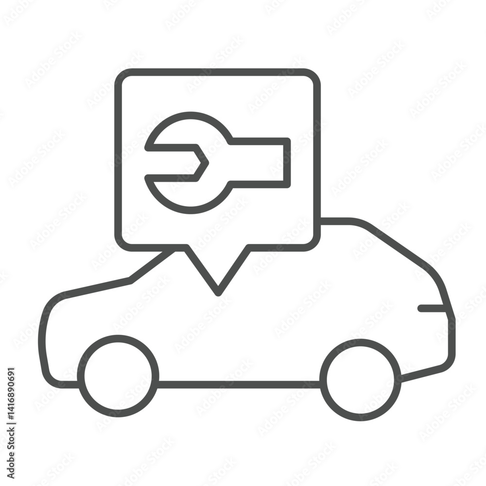 Poster car vehicle with wrench popup window thin line icon, repair service concept. vector graphics. automo