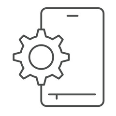 Smartphone and gear thin line icon, repair service concept. Vector graphics. Phone with cogwheel, developer settings sign on white background, linear style icon for mobile or web design.