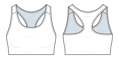 Racerback Sports Bra Technical Fashion Illustration. Fitted Crop Tank Vector Template. Front and Back View. Scoop Neckline. Activewear. White Color. CAD Mockup.