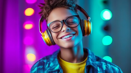 Young boy wearing headphones and glasses is smiling. Concept of happiness and enjoyment, as the boy appears to be having a good time listening to music