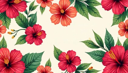 Bold hibiscus flowers, stylized leaves, seamless pattern , fabric, classic