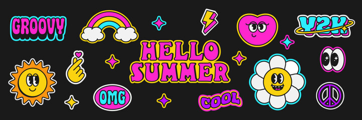 Set of nostalgic pop art sticker pack. Collection of funny and cute emoji and vintage lettering badges and graphic elements isolated on black background. Vector illustration