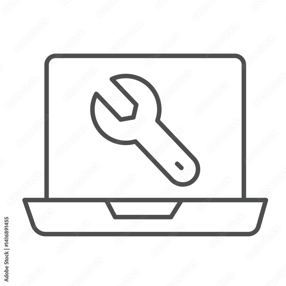 Poster laptop screen with wrench thin line icon, repair service concept. vector graphics. computer repair, 
