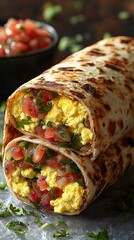Two breakfast burritos stacked high, bursting with egg, salsa, and flavor.
