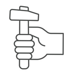 Hammer in hand thin line icon, repair service concept. Vector graphics. Human hand with hammer sign on white background, linear style icon for mobile or web design.