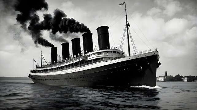 A massive vintage steamship from the 1900s cruising the open sea, smokestacks releasing dark smoke,Generative Ai
