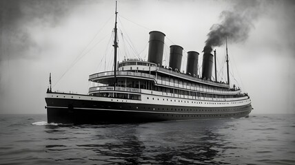 A massive vintage steamship from the 1900s cruising the open sea, smokestacks releasing dark smoke,Generative Ai
