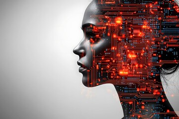 A woman's profile, digitally overlaid with circuit board patterns, symbolizes the merging of human and artificial intelligence.