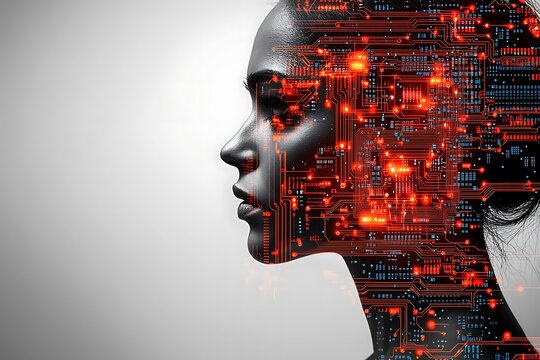 A woman's profile, digitally overlaid with circuit board patterns, symbolizes the merging of human and artificial intelligence.