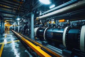 Fototapeta premium Interior view of pipes and machinery inside of an industrial plant with a concrete floor