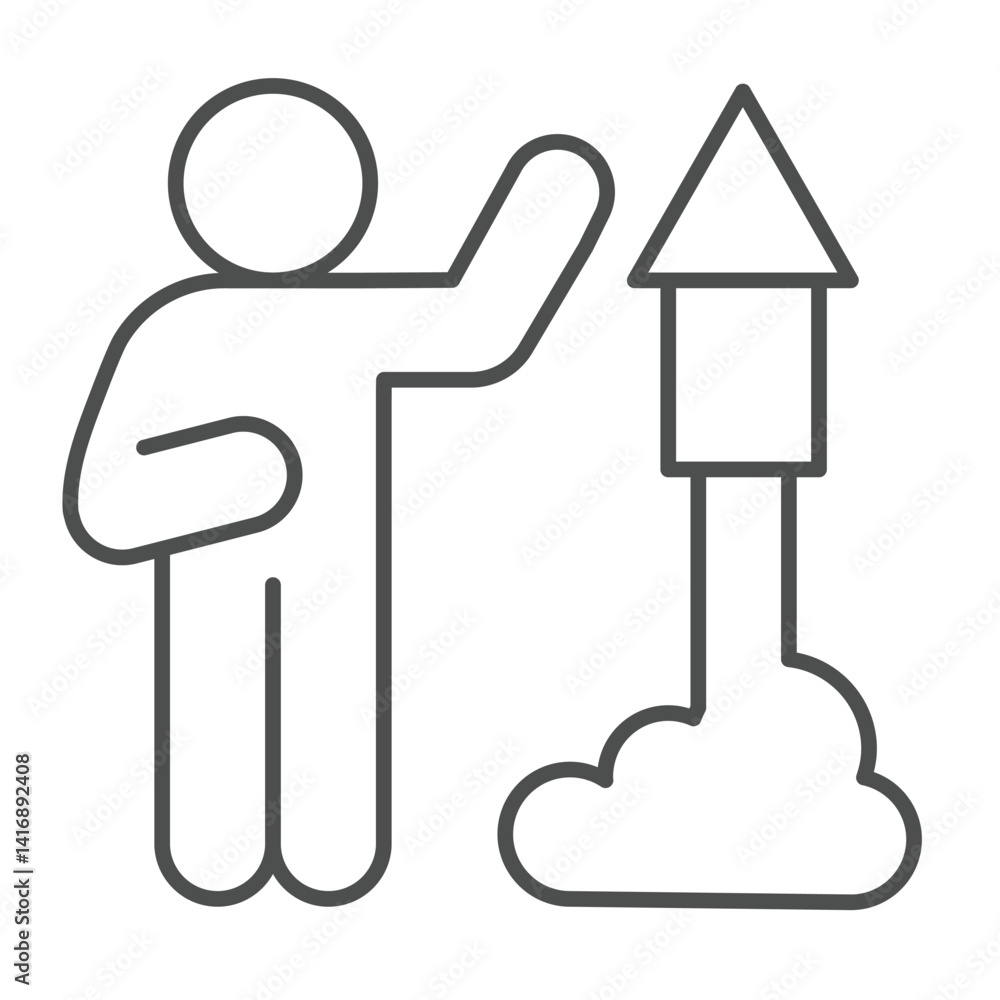 Poster firecracker rocket launch and man thin line icon, happy christmas concept. vector graphics. firework